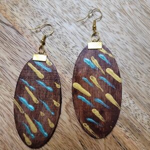 HAND CRAFTED Teal & Gold Splatter Wooden Teardrop Earrings
